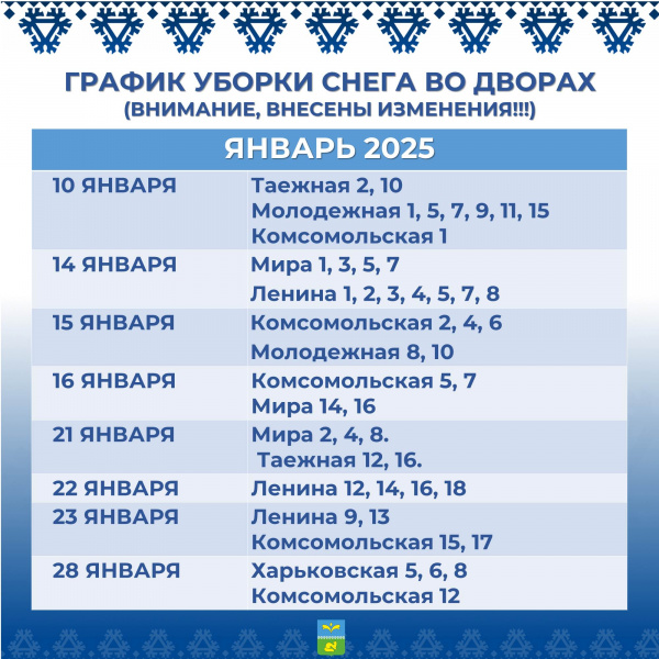 График уборки снега во дворах на январь 2025 года.